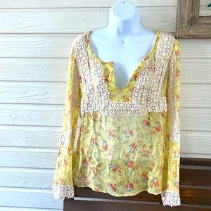 Sundance Floral Crochet Embellished Silk Boho Blouse